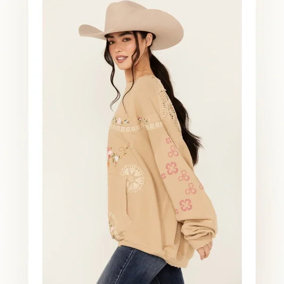 free people women’s floral crewneck sweatshirt - beige size medium nwt - Picture 5 of 6